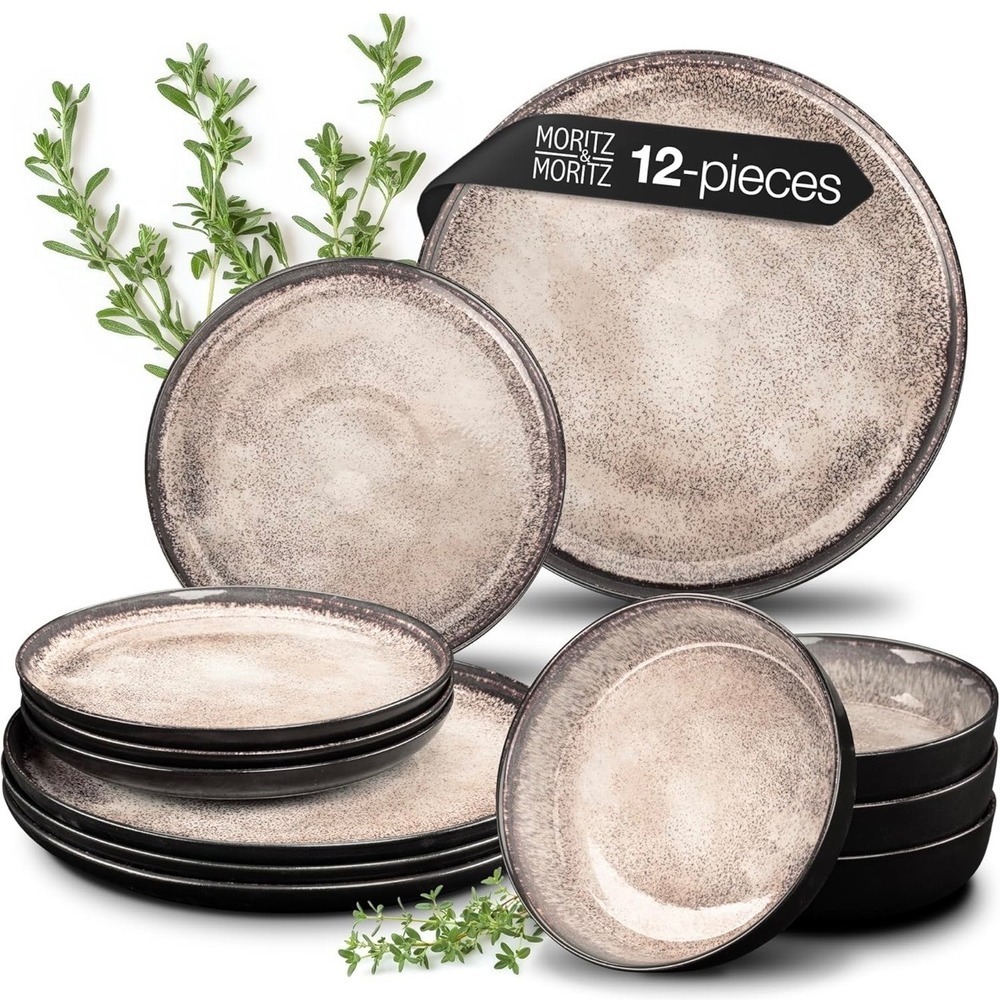Moritz & Moritz 12pc Brown Speckled Porcelain Dinnerware Set Service for 4 6013
